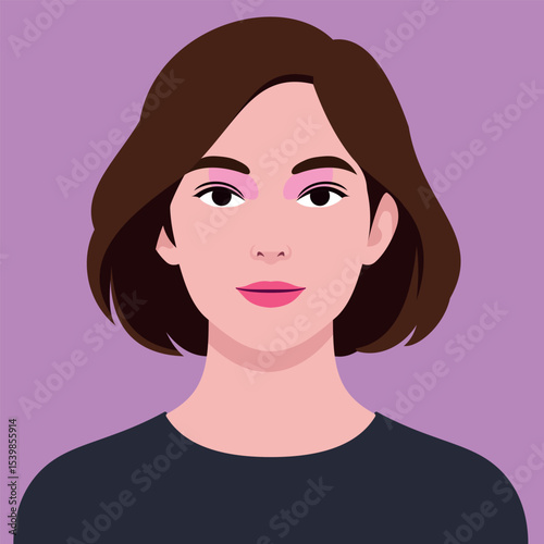 Vector illustration of a young woman with short brown hair and natural makeup on a purple background. Ideal for avatar, profile icon, fashion, beauty, and modern graphic projects.