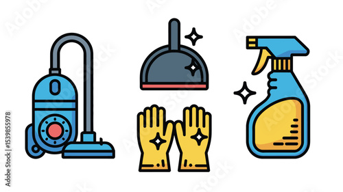 Cleaning supplies icons vacuum dustpan gloves spray