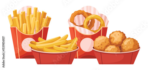 Fast food combo french fries onion rings chicken nuggets