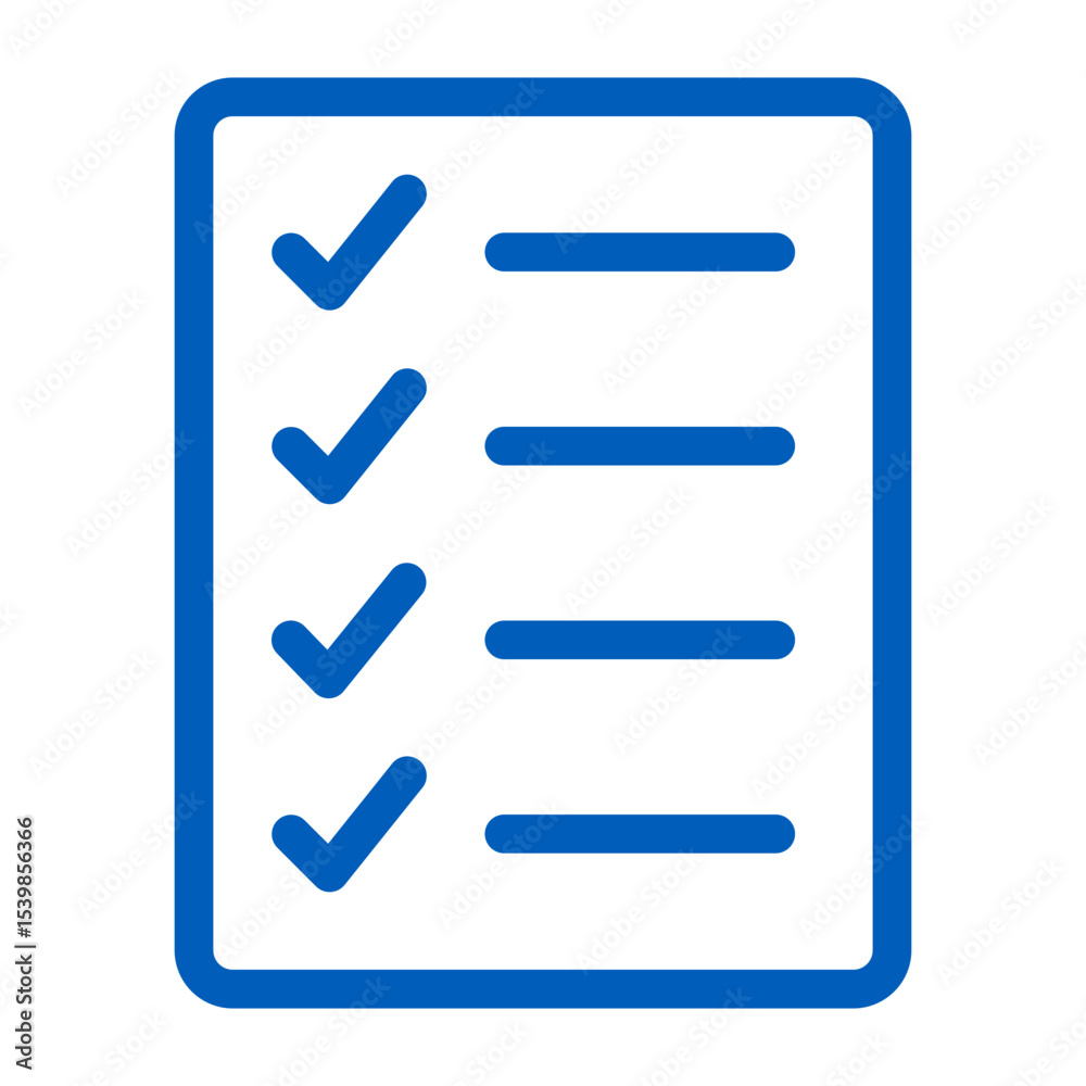 A blue checklist with four checkmarks and four horizontal lines on a white background is displayed here A blue checklist with four checkmarks and four horizontal lines on a white background is displayed here