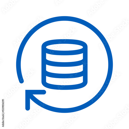 Blue database icon with circular arrow indicating data backup and recovery process in simple design