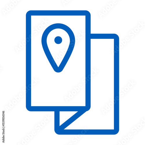 Blue outlined map with a location pin on the front panel in a simple and clean design style element