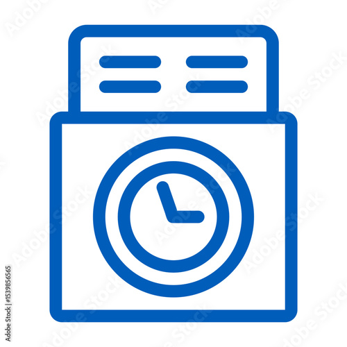 Blue outline of a machine with a clock face and paper slot indicating time management and deadlines