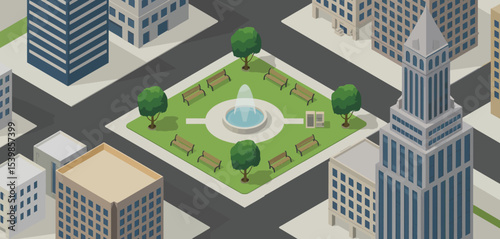 Isometric city park with fountain and skyscrapers