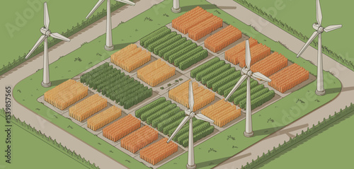 Sustainable farmland with wind turbines