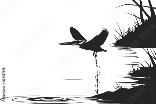 Silhouette of Kingfisher Bird Catching Prey in Mid-Air Over Riverbank