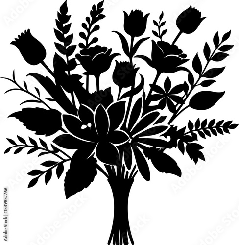 Elaborate Floral Bouquet Silhouette with Diverse Blooms and Lush Foliage for Elegant Designs.