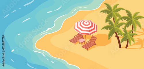 Relaxing beach scene with umbrella and lounge chairs