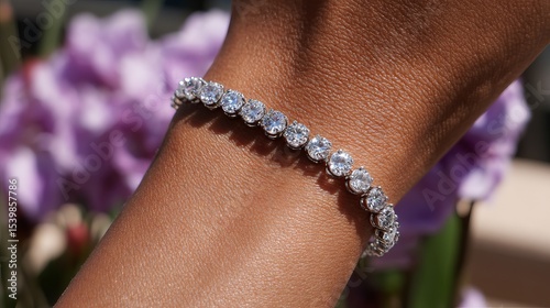Elegant woman showcasing sparkling diamond bracelet in soft natural light