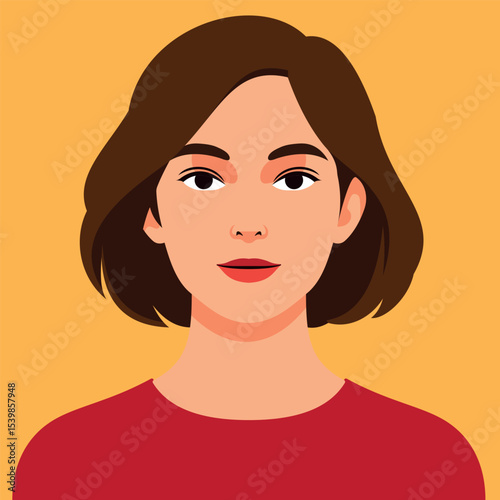 Vector illustration of a young woman with brown hair, red top, and neutral expression on an orange background. Ideal for avatars, profile pictures, fashion, beauty, and web design purposes.