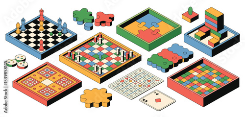 Colorful isometric illustration of various board games
