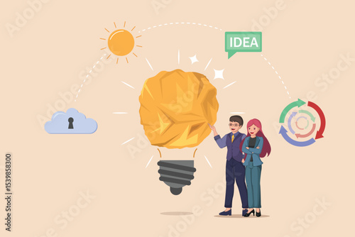 Business Partners Collaborating to Unfold a Crumpled Paper Light Bulb, Symbolizing the Iterative Process of Brainstorming, Developing, and Refining Creative Ideas for Innovation.