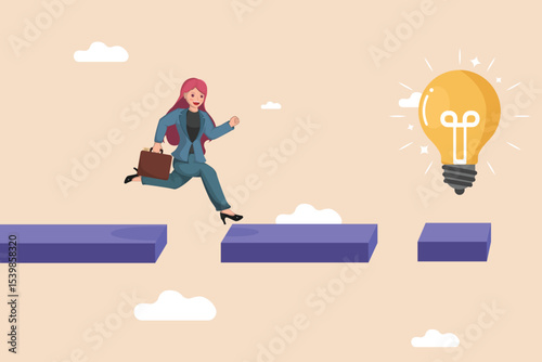 Businesswoman Courageously Jumping Across Gaps Towards a Bright Idea Light Bulb, Symbolizing Taking Risks and Overcoming Obstacles to Achieve Innovation and Success.