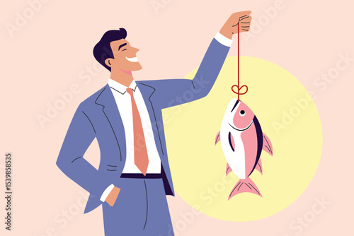 business growth success concept, happy laughing business man catching a fish, fishy investment,  scam or scammer, cartoon vector 