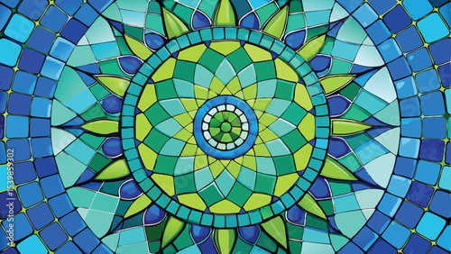 Illustration in stained glass style with abstract sun in blue and green