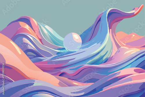 abstract background with waves and balls in pink and blue colors vector illustration