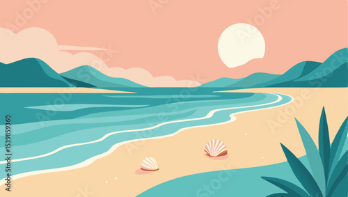 Seaside landscape with sand and seashells. Vector illustration