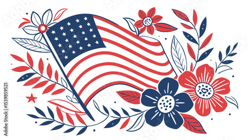 American flag with flowers and leaves. Vector illustration in flat style.