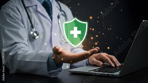 a medical professional working on a laptop, while holding a shield symbolizing healthcare and protection