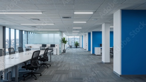 Modern office interior with blue accent walls.