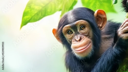 a charming young chimpanzee with a gentle smile, nestled amidst vibrant green foliage