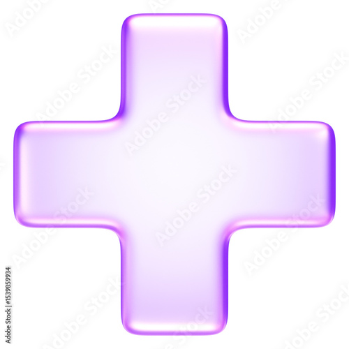 Plus icon with soft glassmorphism effect, symbolizing add, increase, or create in modern UI applications, healthcare symbol medical cross, 3d rendering