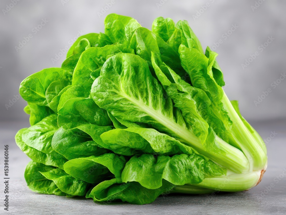 Freshly harvested romaine lettuce showcasing vibrant green leaves with crisp texture arranged artfully on a gray textured background highlighting organic produce and culinary freshness Freshly harvested romaine lettuce showcasing vibrant green leaves with crisp texture arranged artfully on a gray textured background highlighting organic produce and culinary freshness