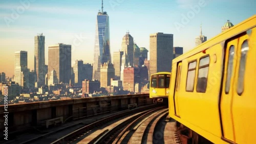 yellow subway train on tracks with a captivating city skyline. A scenic view of a yellow subway train traversing elevated tracks, framed against the backdrop of a bustling urban skyline