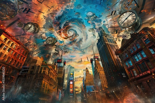 a surreal cityscape bending and twisting through time, buildings melting into different eras, clocks floating in the sky, vibrant colors