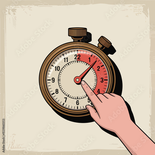 Vintage stopwatch illustration with a finger touching the face highlighting time measurement concept of punctuality and deadlines