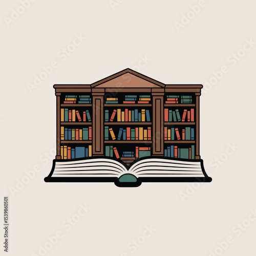 A colorful vector illustration of a library bookshelf design integrated with an open book symbolic of knowledge education and learning