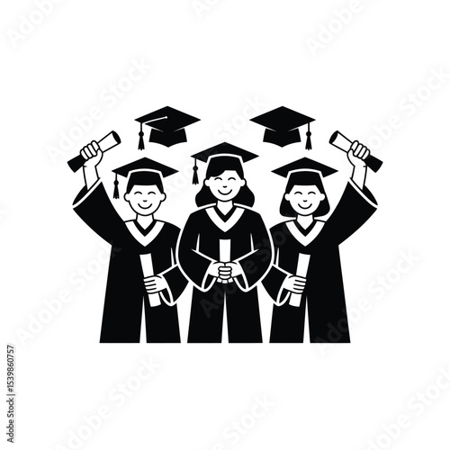 A simple vector illustration of three graduates celebrating their academic achievement wearing caps and gowns holding diplomas
