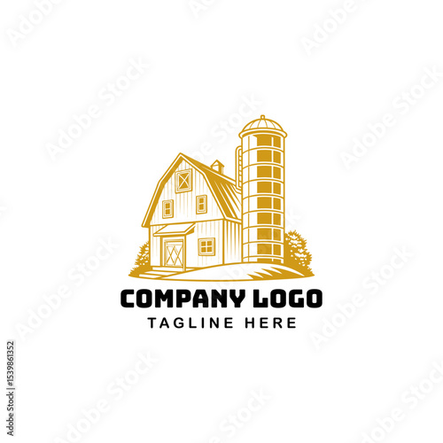Farmhouse and Silo Logo Design: An illustration of a classic farmhouse and silo. This emblem combines simplicity, artistry, and a strong representation of farm life and rural architecture.