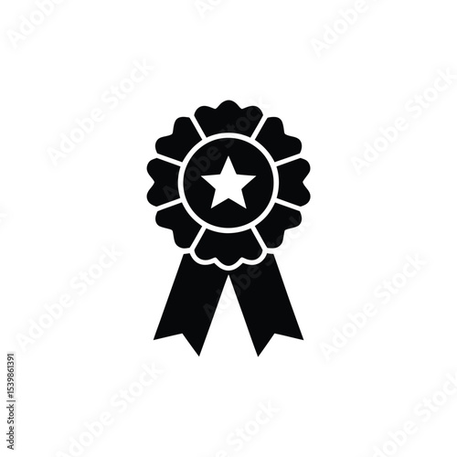 Black and white award ribbon icon representing achievement reward prize and victory in a simple minimalist style with a white background for design