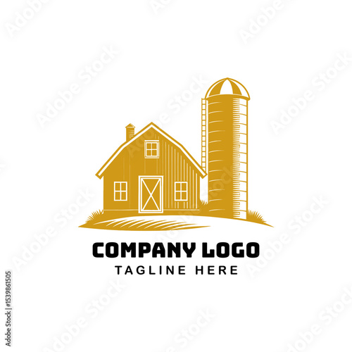 Farmhouse Icon with Silo: A classic farm scene featuring a rural farmhouse and silo, evoking a sense of rural simplicity. It is a golden color and is a logo