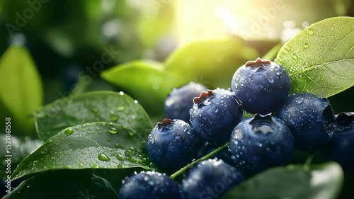 Fresh blueberries on green leaves, glistening with water droplets, illuminated by natural light.