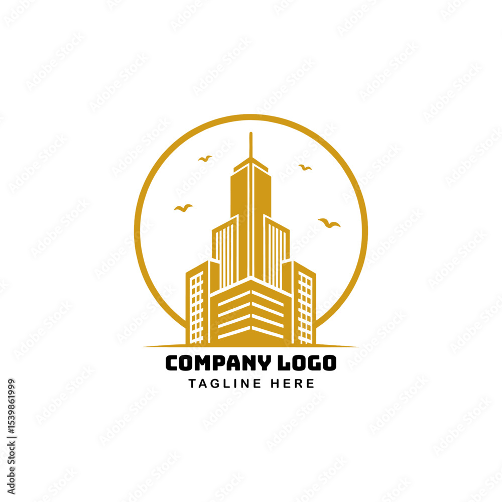 Obraz premium Golden Skyscraper Silhouette: An architectural emblem showcases a sleek skyscraper in a circular frame, signifying modern urban design and the allure of real estate.