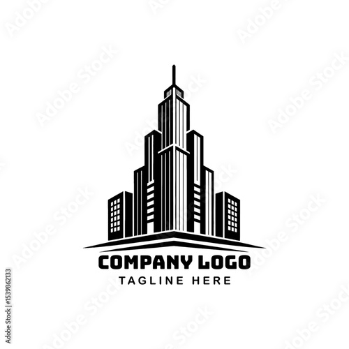 Modern Metropolis Silhouette Logo: A striking monochrome logo presents a dynamic, stylized cityscape, ideal for representing urban development and architectural prowess. 