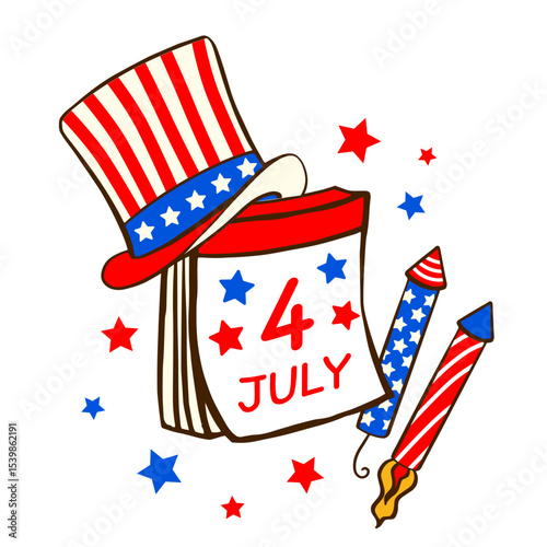 Uncle Sam hat, July 4 calendar, fireworks rockets and scattered stars. Flat patriotic illustration. Perfect for banners, cards, posters.