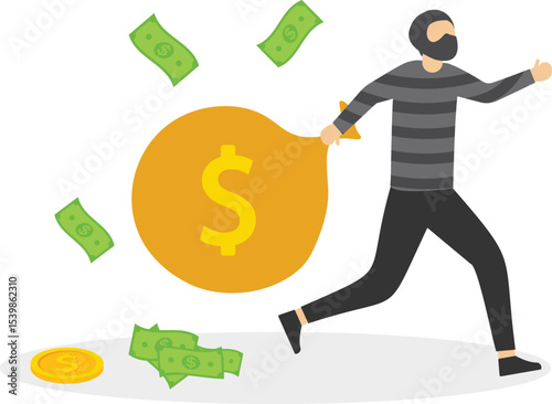 A thief running with a holey bag of money at his shoulder, looking back. The criminal person is in a mask, a cap, a striped sweater. A mugger escape. stock illustration

