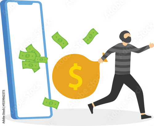 Cybercriminal stealing money through a smartphone stock illustration

