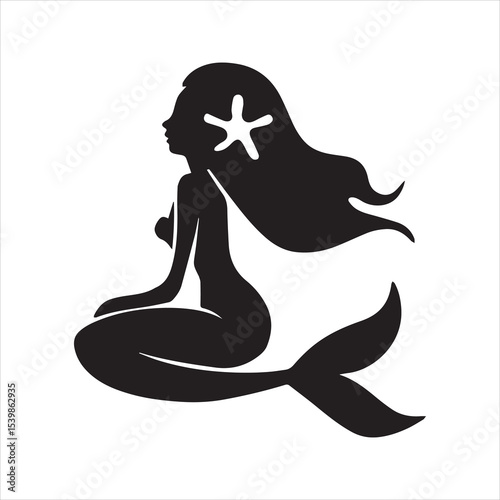 Mermaid Silhouette Vector Illustration with Flowing Hair and Starfish