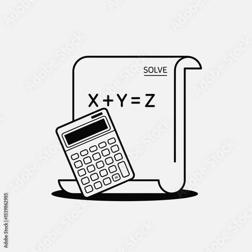 Conceptual black and white illustration of mathematical equation and calculator for education and problem solving solutions