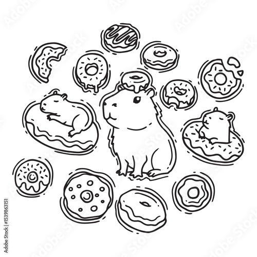 Hand drawn doodle of donuts and capybara. Vector illustration