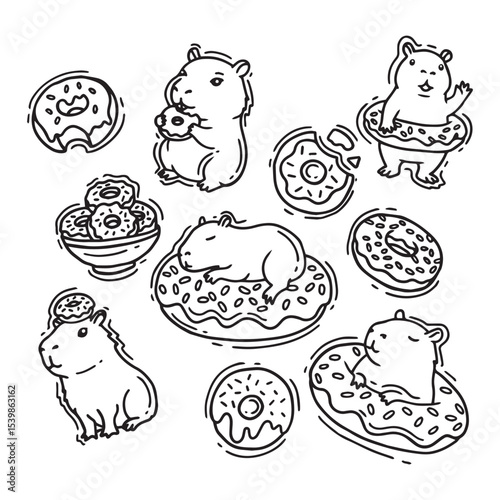 Vector set of hand drawn doodle cartoon capybara with  donut 