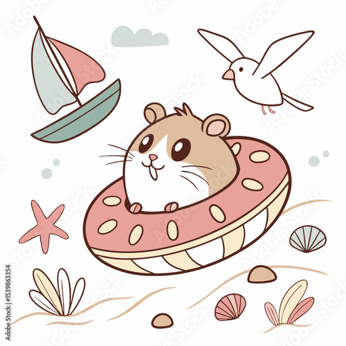 Ocean Breeze colored Hamster with a Mischievous touch, placed in a Beach day theme and styled with inside a donut float