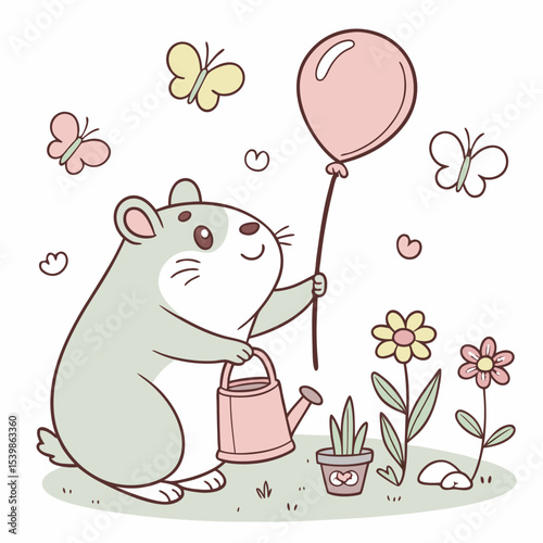 Delightful Cheerful Hamster in a Spring garden scene with with a balloon – Spring Garden vector illustration