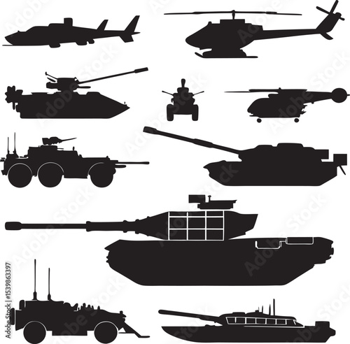 Vector illustration of military tanks, side and front views, armored vehicle silhouettes, war machine graphics for defense, army, and combat design