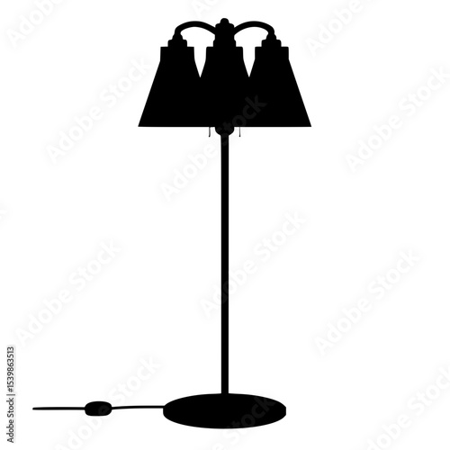 Black silhouette of a three-shade floor lamp on white background  