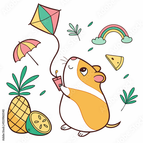 Tropical Vibes colored Hamster with a Shy touch, placed in a Tropical theme and styled with with a rainbow kite